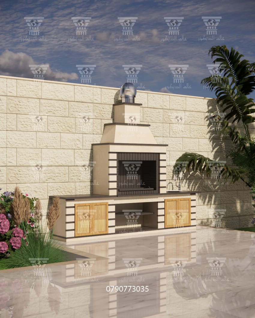 باربكيو حجري خارجي B15 بتصميم فاخر وخزائن جانبية