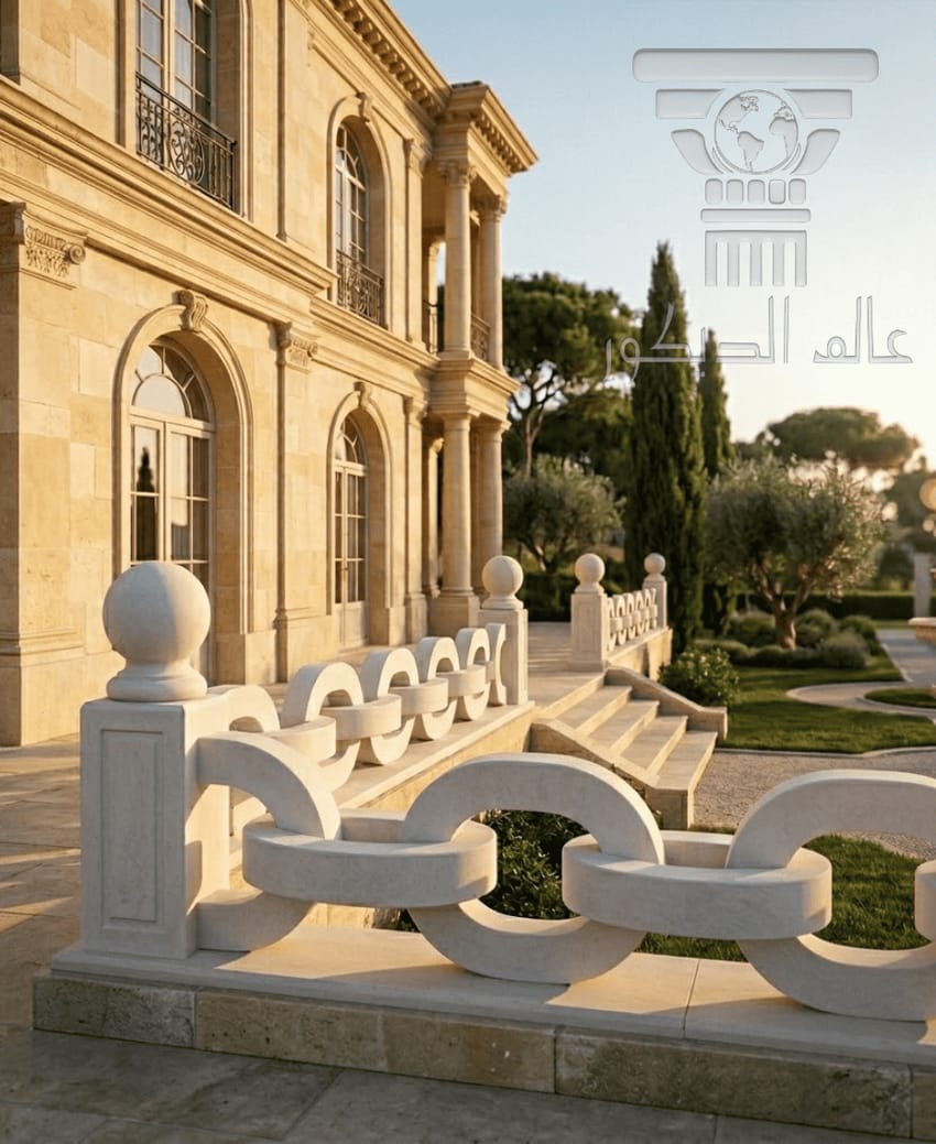 درابزين D6006… التوازن البصري المذهل بين الكتل الحجرية الضخمة وانسيابية الحلقات المتداخلة أفقياً.