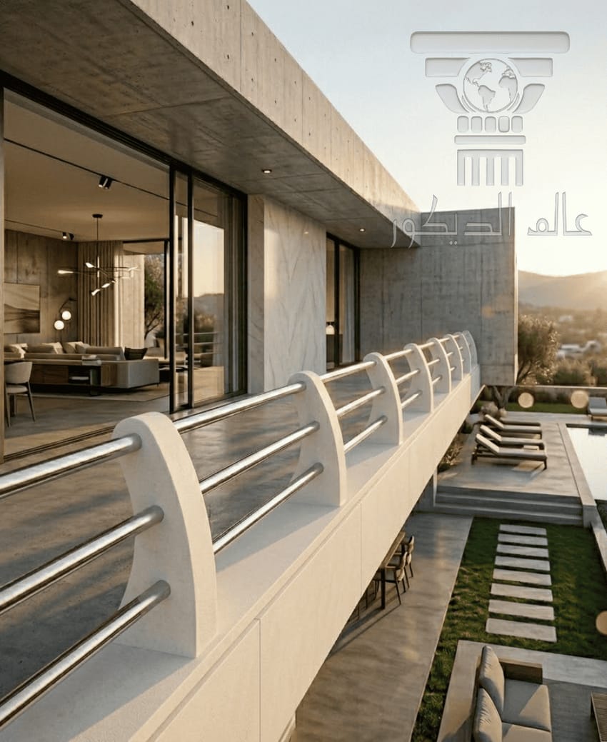 درابزين D6010… التناغم المعماري المستقبلي بين فخامة الحجر الطبيعي وعصرية الفولاذ المصقول.