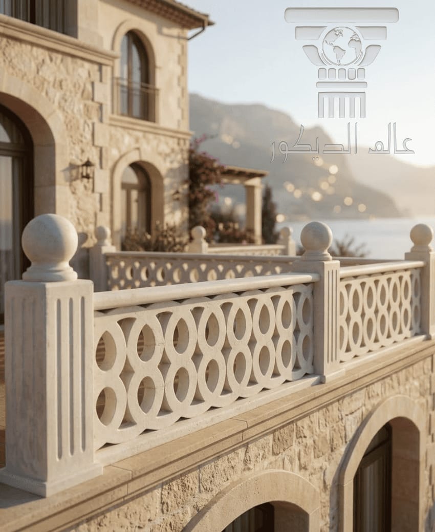 درابزين D6012… التناغم البصري الساحر بين شموخ الأعمدة المضلعة وانسيابية النقوش الهندسية المفرغة.