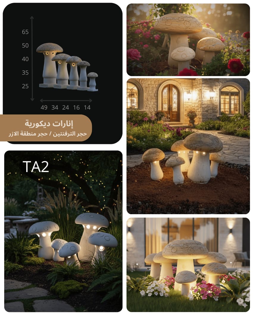 إنارة ديكورية حجرية TA2 بتصميم فطر وإضاءة دافئة للحدائق
