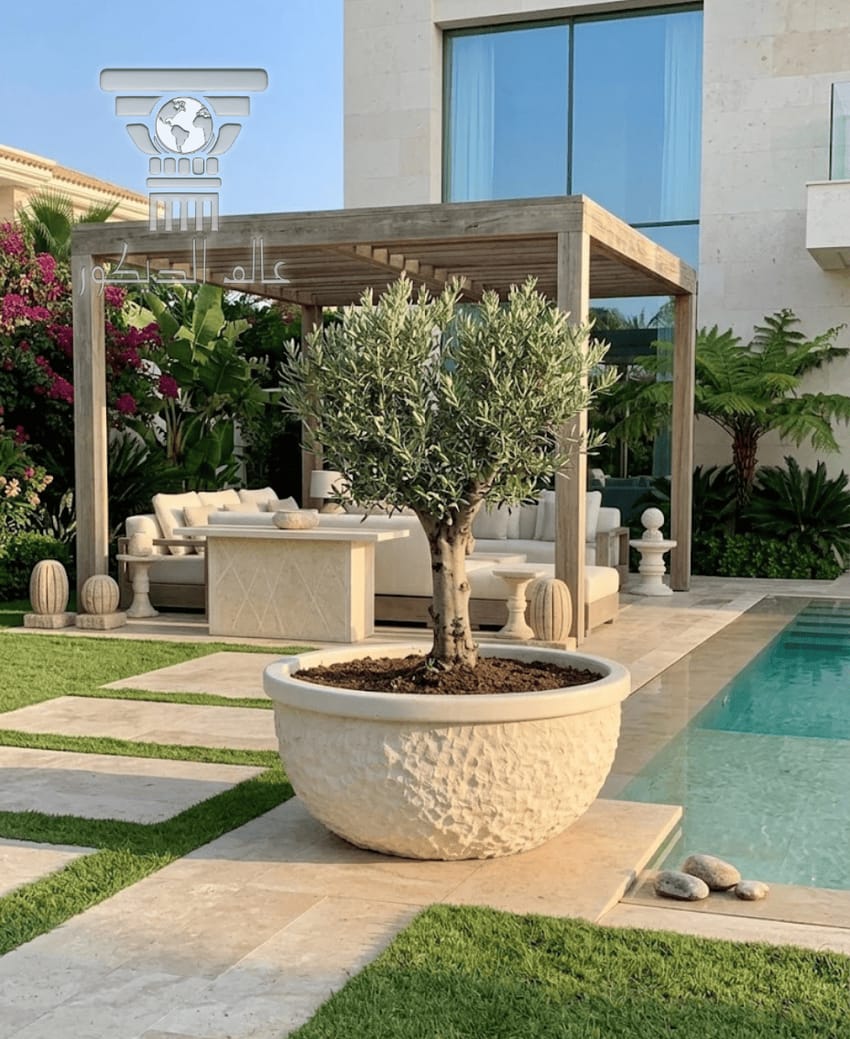 قوار حجري خارجي Q138 بتصميم دائري واسع للأشجار والنباتات