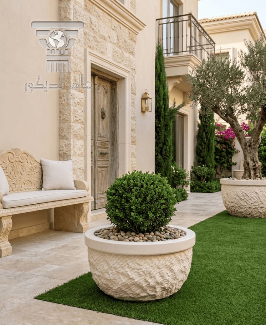 قوار حجري خارجي Q139 بتصميم دائري منخفض للنباتات