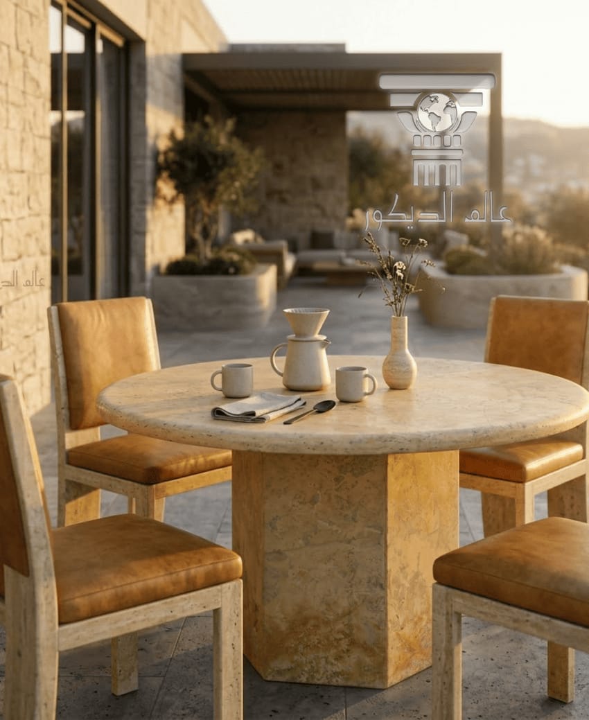 TA9… طاولة طعام حجرية دائرية بألوان دافئة وقاعدة مضلعة تمنح جلستك فخامة ريفية مودرن